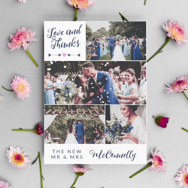 Navy Arrow Photo Collage Love & Thanks Wedding Thank You Card (Creator Uploaded)