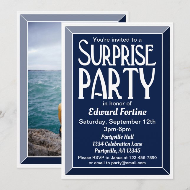 Navy Art Deco Photo Birthday Surprise Party Invitation (Front/Back)