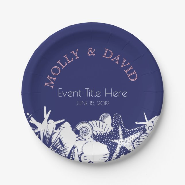 Navy Artsy Beach Seashells Personalized Party Paper Plate (Front)
