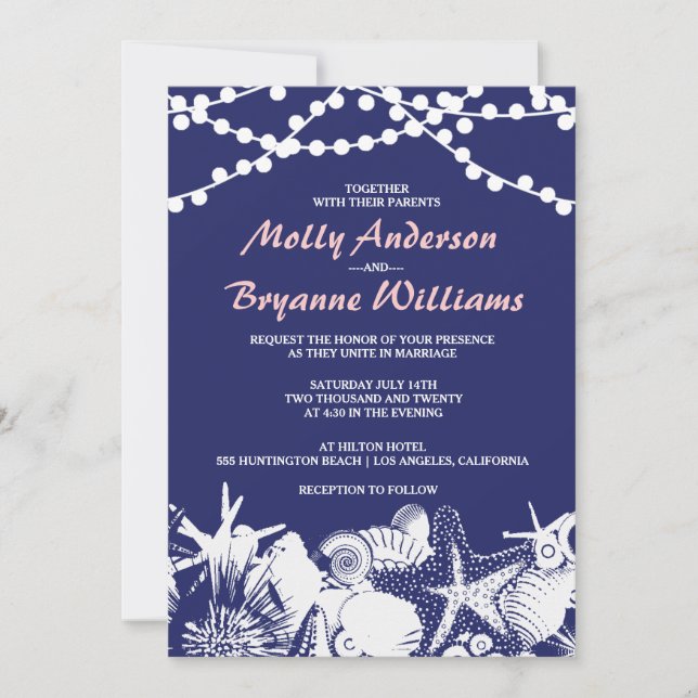 Navy Artsy Seashells String Lights Beach Wedding Invitation (Front)