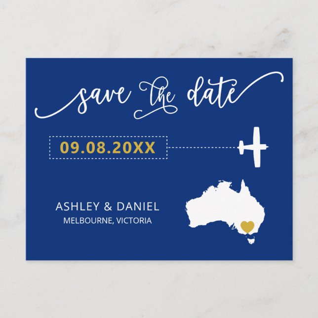 Navy Australia Wedding Save the Date Map Postcard (Front)