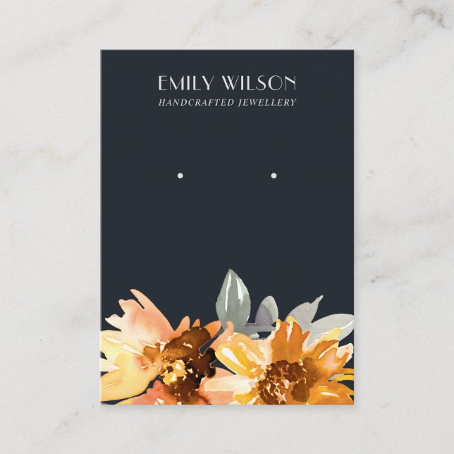 NAVY AUTUMN FALL SUNFLOWER STUD EARRING DISPLAY BUSINESS CARD (Front)