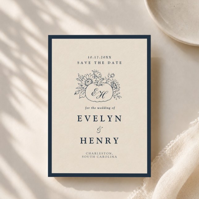 Navy Autumn Monogram Save the Date Invitation (Creator Uploaded)
