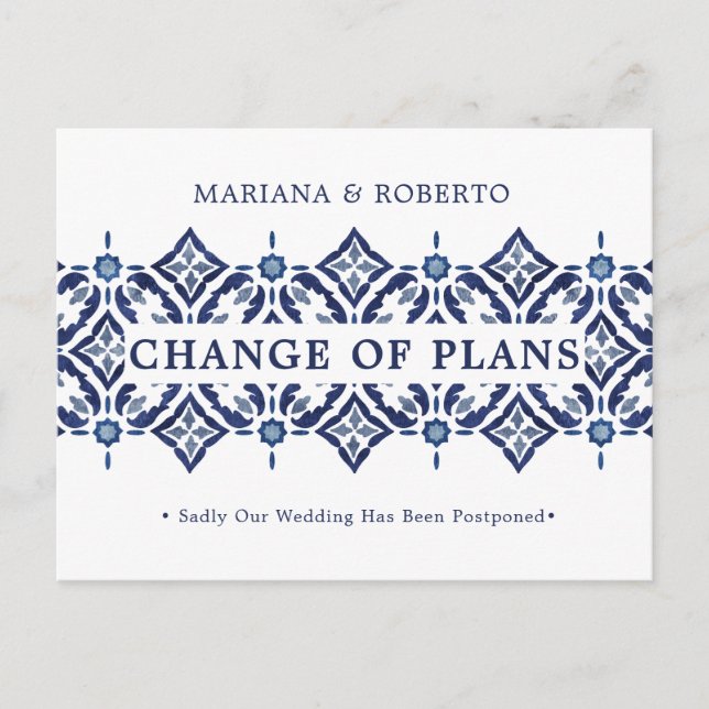 Navy Azulejo | Spanish Tile LACE CHANGE OF PLANS Announcement Postcard (Front)