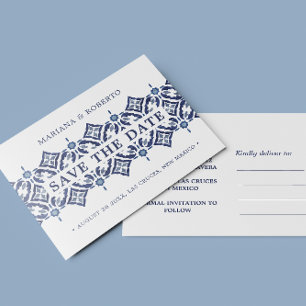 Navy Azulejo   Spanish Tile LACE SAVE THE DATE Announcement Postcard