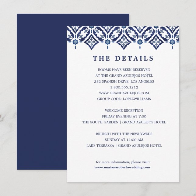Navy Azulejo | Spanish Tile wedding DETAILS Invitation (Front/Back)
