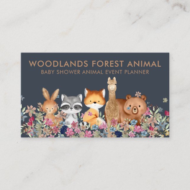 Navy Baby Bear Fox Raccoon Rabbit Alpaca Business Card (Front)