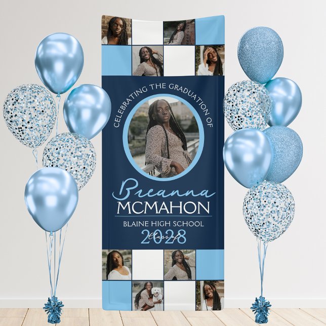 Navy & Baby Blue 9 Photo Collage Graduation Vinyl Banner (Navy Blue and Baby Blue 9 Photo Vinyl Graduation Hanging Banner. Indoor or Outdoor Use!)