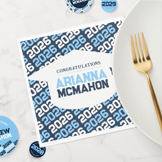 Navy & Baby Blue Personalized Graduation Cap Paper Napkin (Repeating Class Year + White Graduation Cap Personalized Paper Napkins)