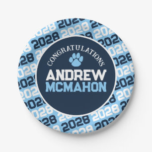 Navy, Baby Blue & White Graduation Paw Print Paper Plate