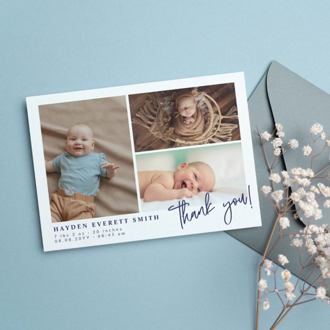 Navy Baby Photo Collage New Baby Thank You Announcement (Creator Uploaded)