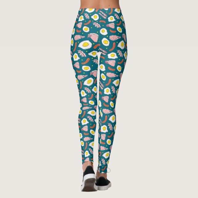 Navy Bacon Egg Sausage Breakfast Food Pattern Leggings (Back)