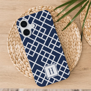 Navy Bamboo Lattice Pattern Monogram iPhone 16 Case