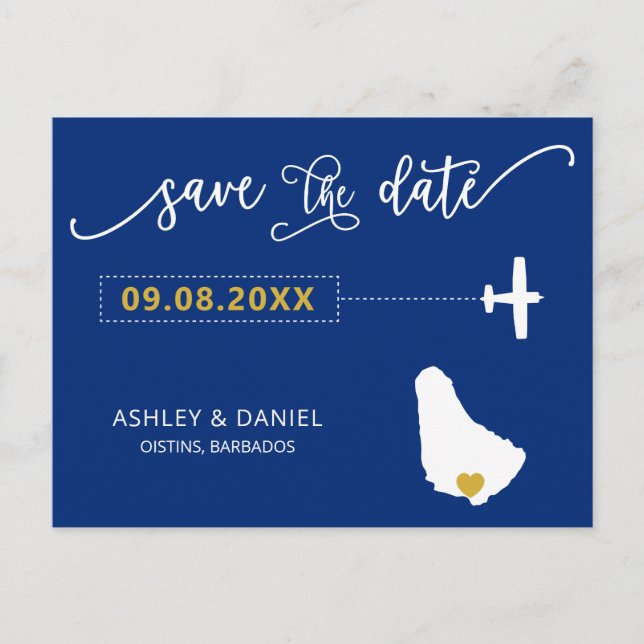 Navy Barbados Wedding Save the Date Map Postcard (Front)