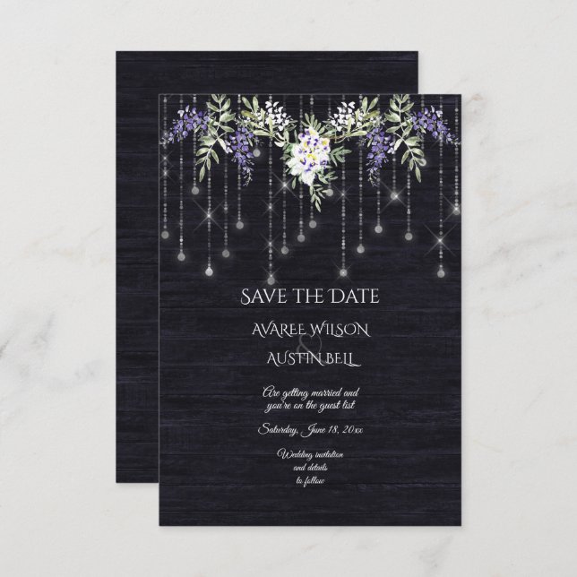 Navy Barnboard String Lights Wisteria Save The Date (Front/Back)