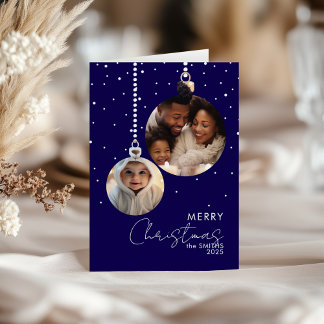 Navy Bauble Family Photo Christmas Card With Snow