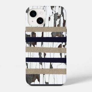 Navy / Beige / White Stripes over Peeling Wood iPhone 14 Case