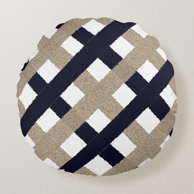 Navy / Beige / White Stripes Round Pillow (Front)