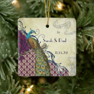 Navy & Berry Berry Elegant Damask Peacock Wedding Ceramic Ornament