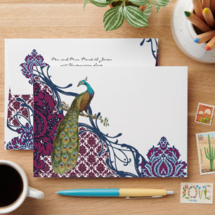 Navy & Berry Berry Elegant Damask Peacock Wedding Envelopes
