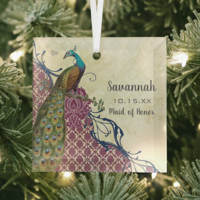 Navy & Berry Berry Elegant Damask Peacock Wedding Glass Ornament (Insitu)