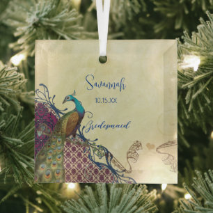 Navy & Berry Berry Elegant Damask Peacock Wedding Glass Ornament