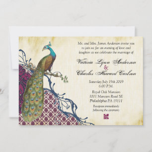 Navy & Berry Berry Elegant Damask Peacock Wedding Invitation