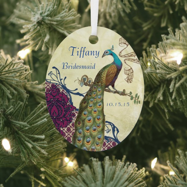 Navy & Berry Berry Elegant Damask Peacock Wedding Metal Ornament (Insitu)