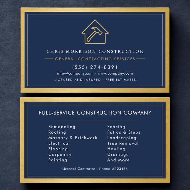 Navy BIue Industrial General Contractor Gold  Business Card (Creator Uploaded)