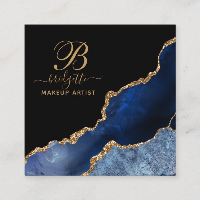 Navy Black Agate Geode Gold Glitter Makeup Artist Square Business Card (Front)