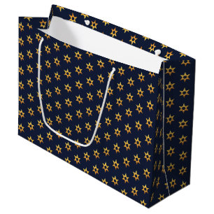 Navy Black And White Hanukkah Golden David Star Large Gift Bag