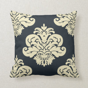 Navy Black Cream Damask Throw Pillow