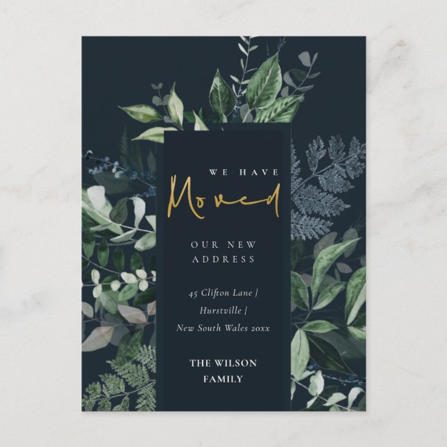 Navy Black Green Gold Greenery Frame We have Moved Postcard (Front)