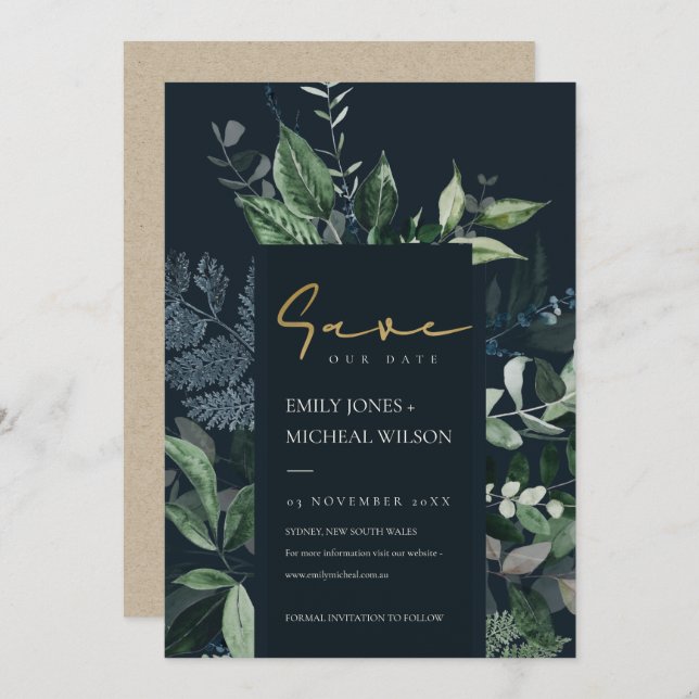 Navy Black Green Leafy Fauna Save The Date Invite (Front/Back)