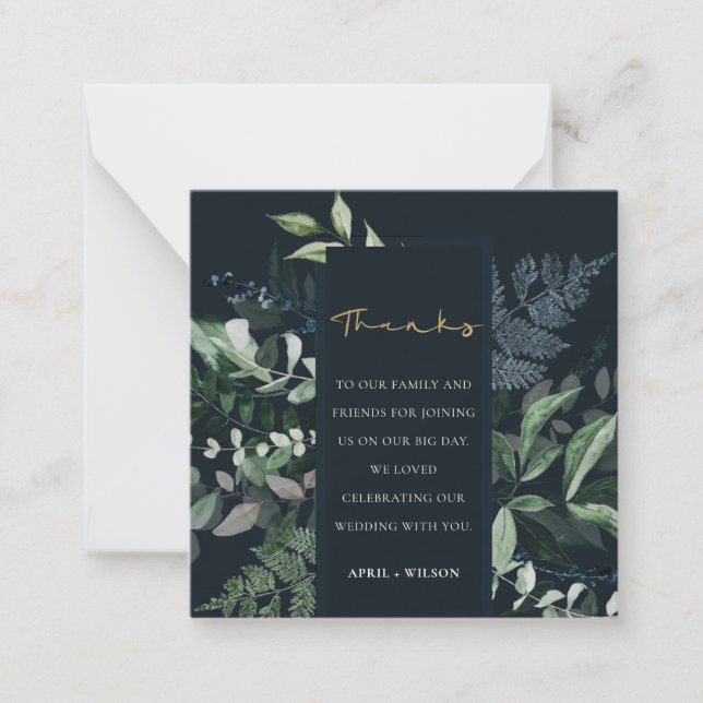 Navy Black Green Leafy Tropical Foliage Thank You Card (Front)