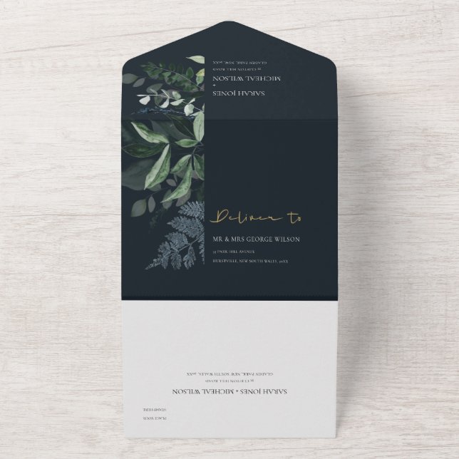 Navy Black Green Leafy Tropical Foliage Wedding Al All In One Invitation (Outside)