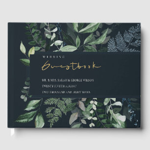 Navy Black Green Leafy Tropical Foliage Wedding Guest Book