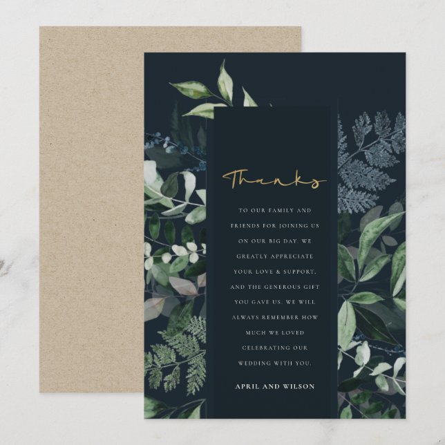 Navy Black Green Leafy Tropical Foliage Wedding Thank You Card (Front/Back)