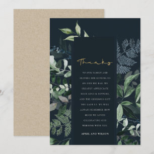 Navy Black Green Leafy Tropical Foliage Wedding Thank You Card