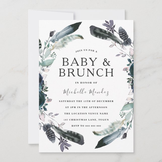 Navy Black Grey Wreath Baby & Brunch Baby Shower Invitation (Front)