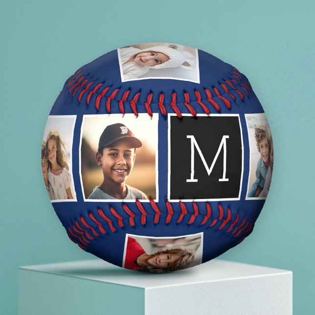 Navy & Black Instagram 5 Photo Collage Monogram Baseball (Custom Photo Baseball)