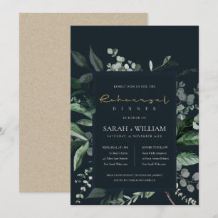 Navy Black Leafy Fauna Rehearsal Dinner Invite
