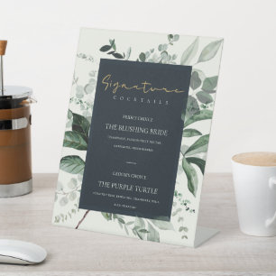 Navy Black Leafy Foliage Signature Drinks Cocktail Pedestal Sign