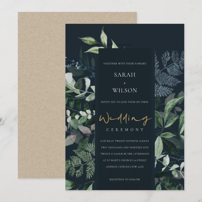 Navy Black Leafy Tropical Foliage Wedding Invite (Front/Back)