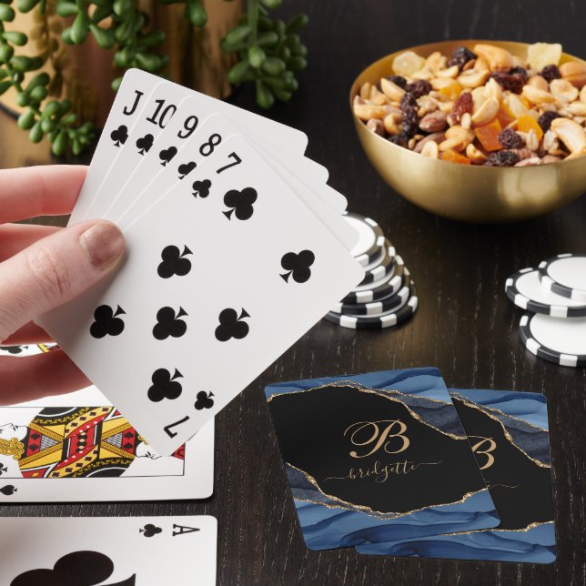 Navy Black Personalized Agate geode Monogram Playing Cards (In Situ)