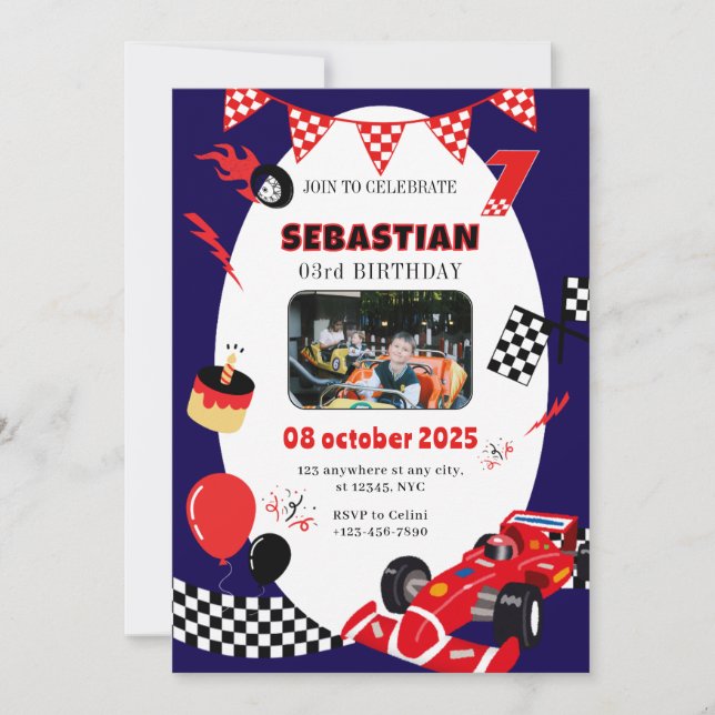 Navy & Black Race Birthday Invitation-Custom Photo Invitation (Front)