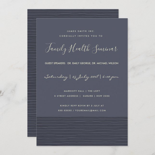 NAVY BLACK SKETCH STRIPE LINE TALK SEMINAR EVENT INVITATION (Front/Back)