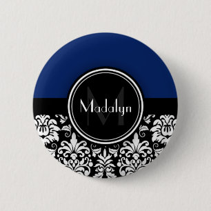 Navy Black White Damask Monogram Letter 2 Inch Round Button
