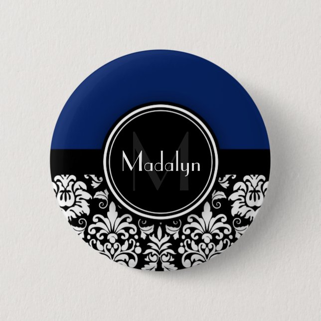 Navy Black White Damask Monogram Letter 2 Inch Round Button (Front)