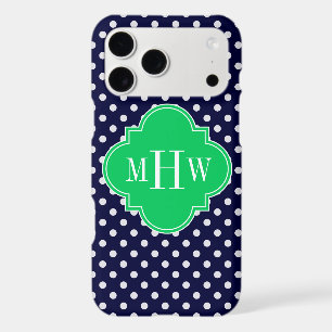 Navy Blanc pois émeraude Quatrefoil 3 Monogramme